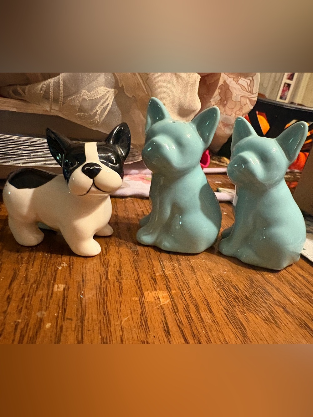 Amazon Ceramic Dog Figurine Set - Black, White & Teal Blue
